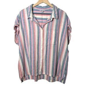 Orvis Linen Blend Button Down Camp Shirt Stripes Women Size XL Gorpcore Outdoors